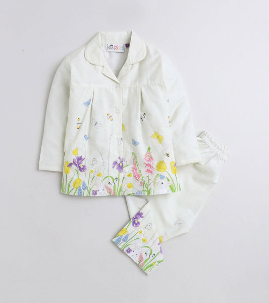Floral Border Girls Printed Nightsuit set