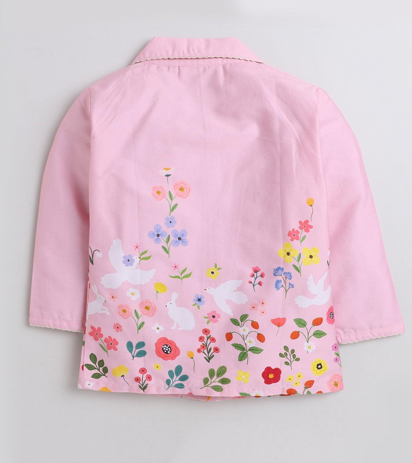 Pink Floral Printed Girls Nightsuit Set - koochi Poochi