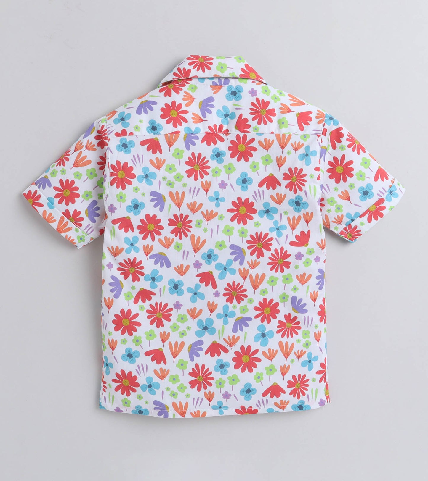 Red Flower Digital printed Shirt with Blue solid Shorts