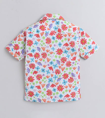 Red Flower Digital printed Shirt with Blue solid Shorts